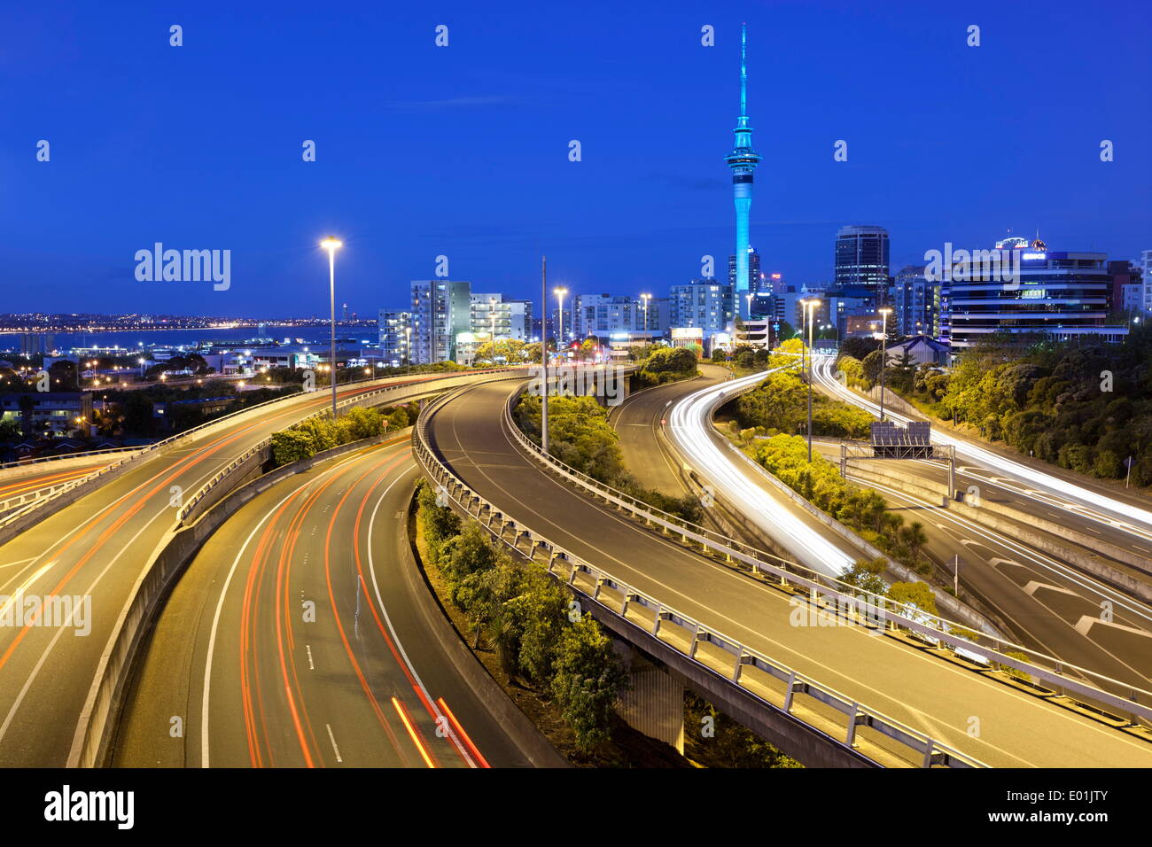 Sky Tower and Southern Motorway 1 viewed from Hopetoun Street, Auckland, North Island, New Zealand, Pacific Stock Photo