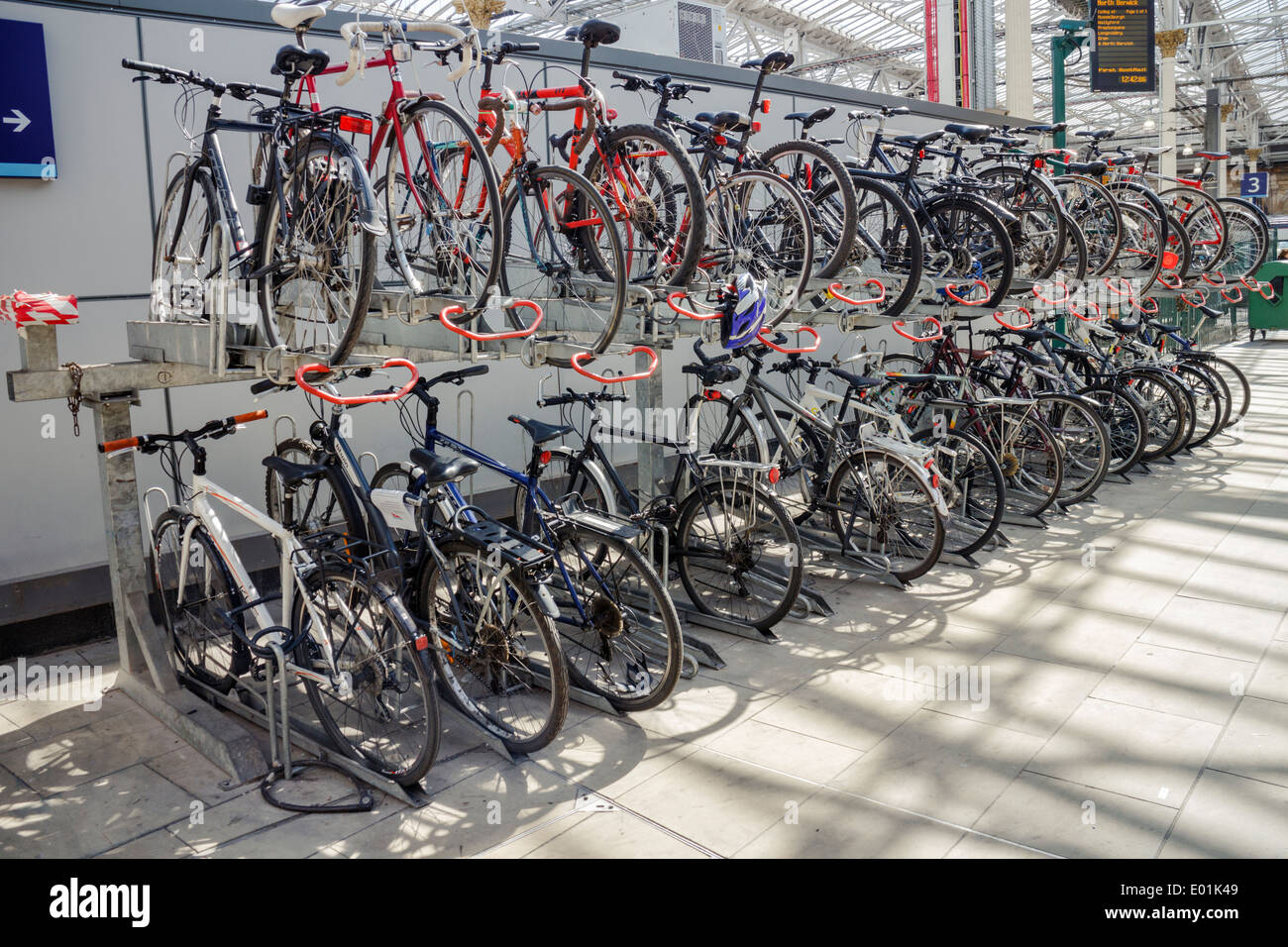 Bicycle rack at Waverley Train Station Edinburgh. Stock Photo