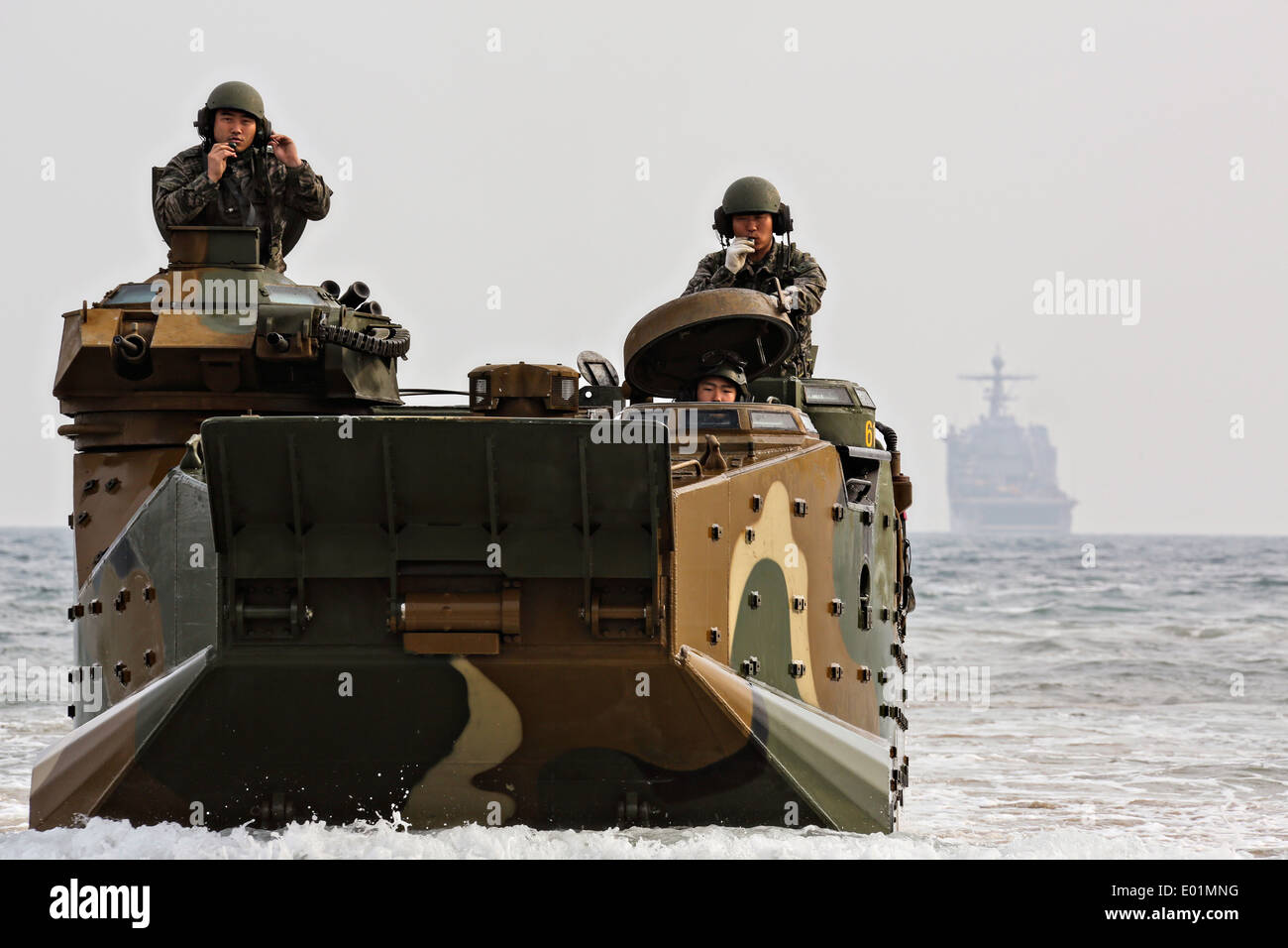 Republic of Korea Marines drive an Amphibious Assault Vehicle onto Dogue Beach during exercise Ssang Yong April 3, 2014 in Pohang, South Korea. Stock Photo