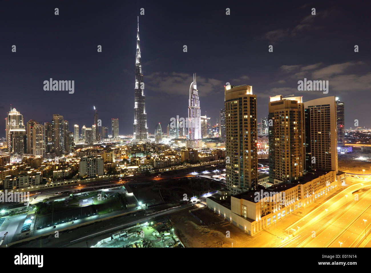 Burj Khalifa and Dubai Downtown at dusk. United Arab Emirates Stock Photo
