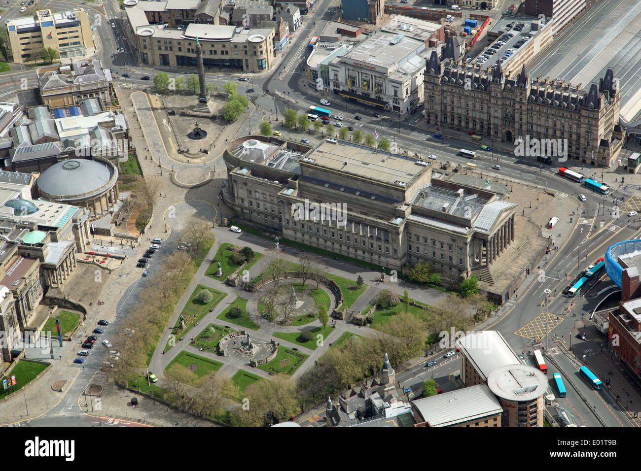 aerial view of Liverpool - St George's Hall, St John's Gardens, Wellington's Column, Lime Street Station & Empire Theatre Stock Photo