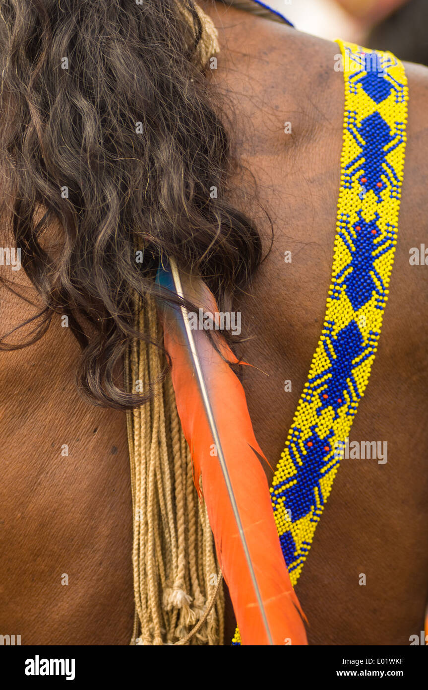 Altamira, Brazil. Ant design on a beadwork sash with feather and cord decorations. Kayapo Indian's back. Stock Photo