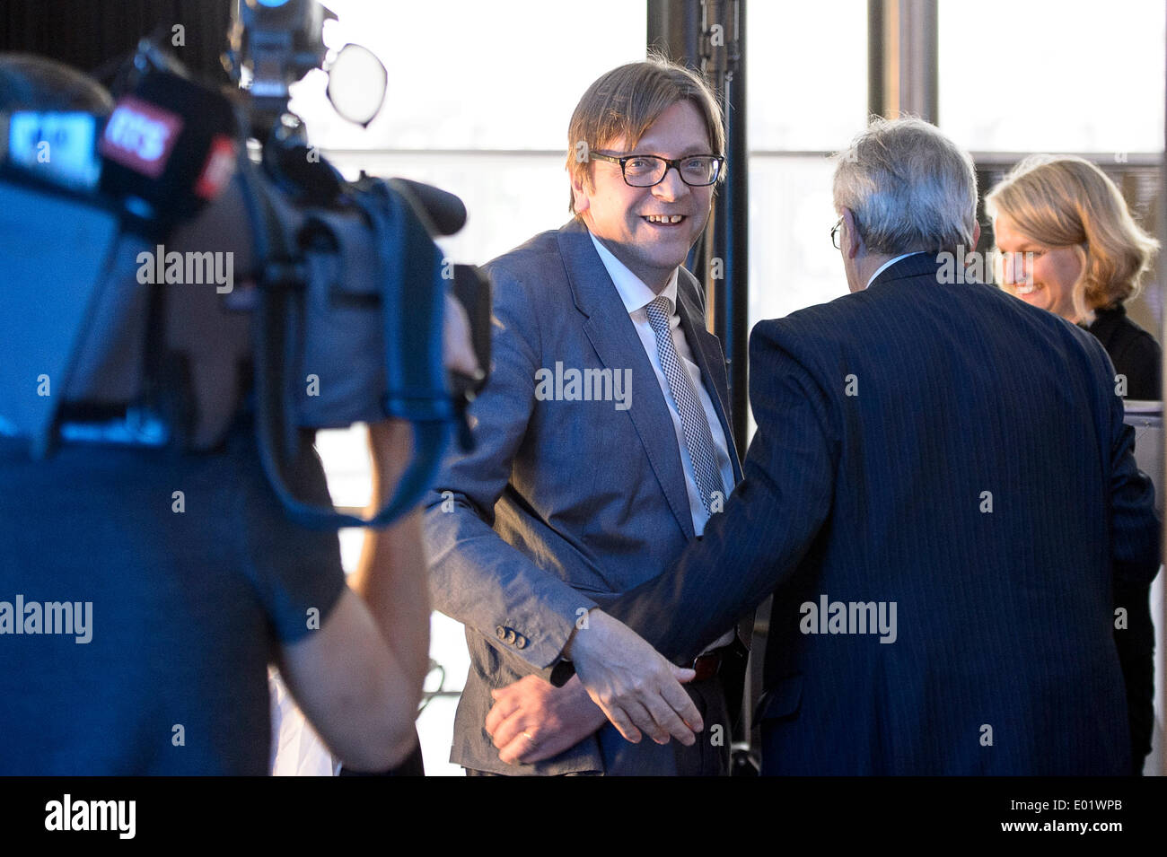 Brussels, Belgium. 29th April 2014. Guy Verhofstadt, top candidate of Liberals (ALDE) ahead of Euranet's 'Big Crunch' Presidential debate at the EU parliament in BrusselsThe four top candidates for the presidency of the European Commission - Jean-Claude Juncker, Ska Keller, Martin Schulz and Guy Verhofstadt - attend EU-wide debate organized by EuranetPlus and focused on the major election topics. Credit:  dpa picture alliance/Alamy Live News Stock Photo