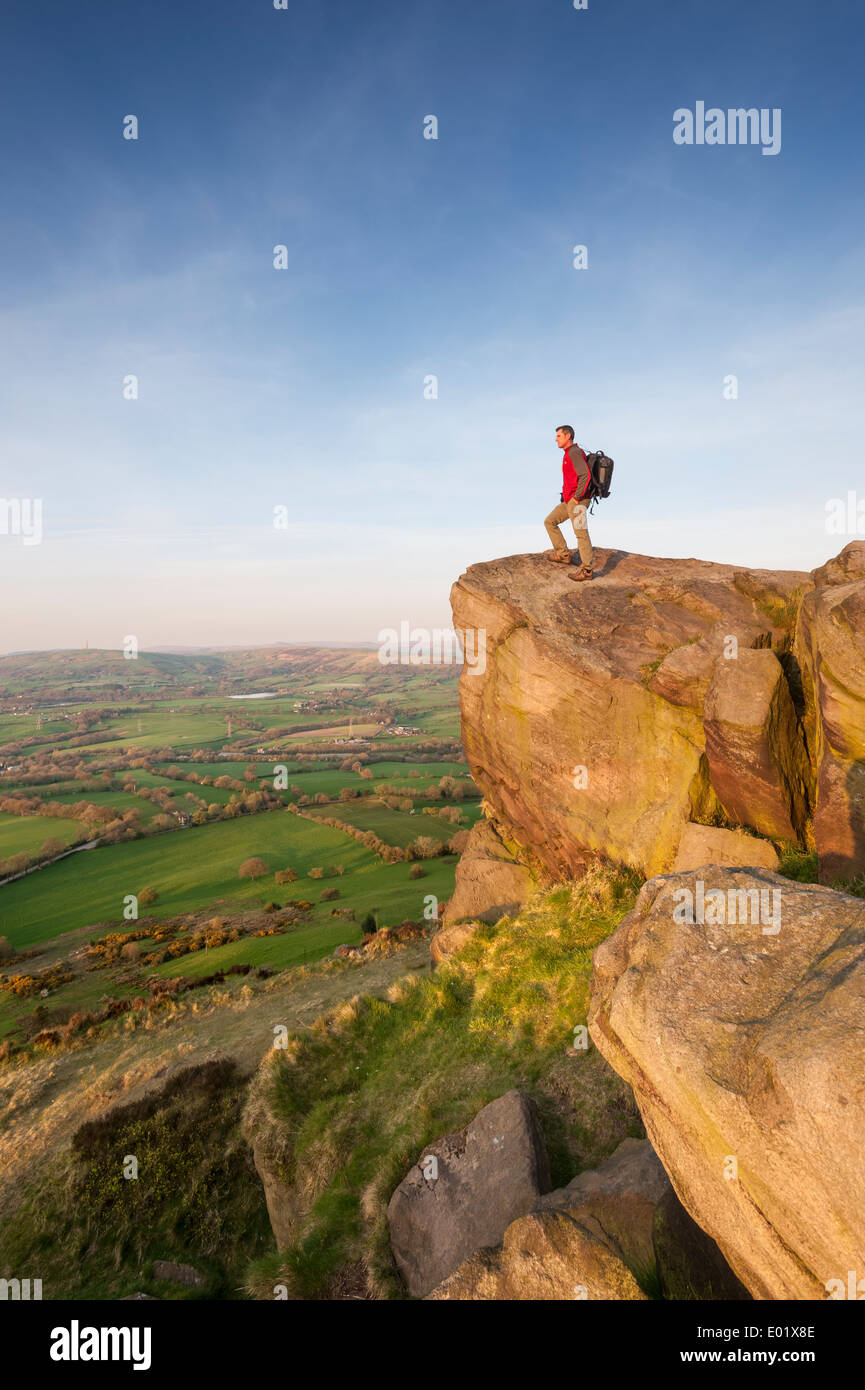 Rambler looking across the Cheshire Plains from Bosley Cloud Congleton Cheshire Stock Photo