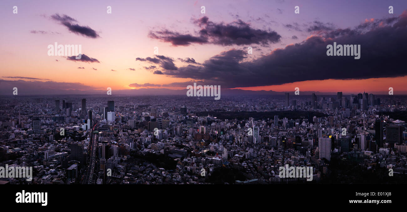 License available at MaximImages.com - Beautiful dramatic panoramic sunset scenery of Tokyo city landscape lit with red sunlight, aerial view. Shibuya Stock Photo