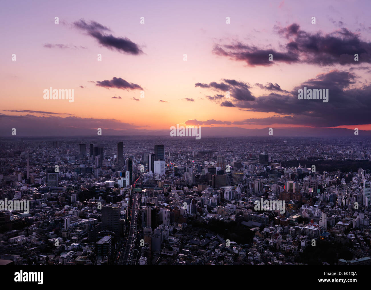 License available at MaximImages.com - Dramatic sunset scenery of Tokyo city landscape lit with red sunlight, aerial view. Shibuya, Tokyo, Japan. Stock Photo
