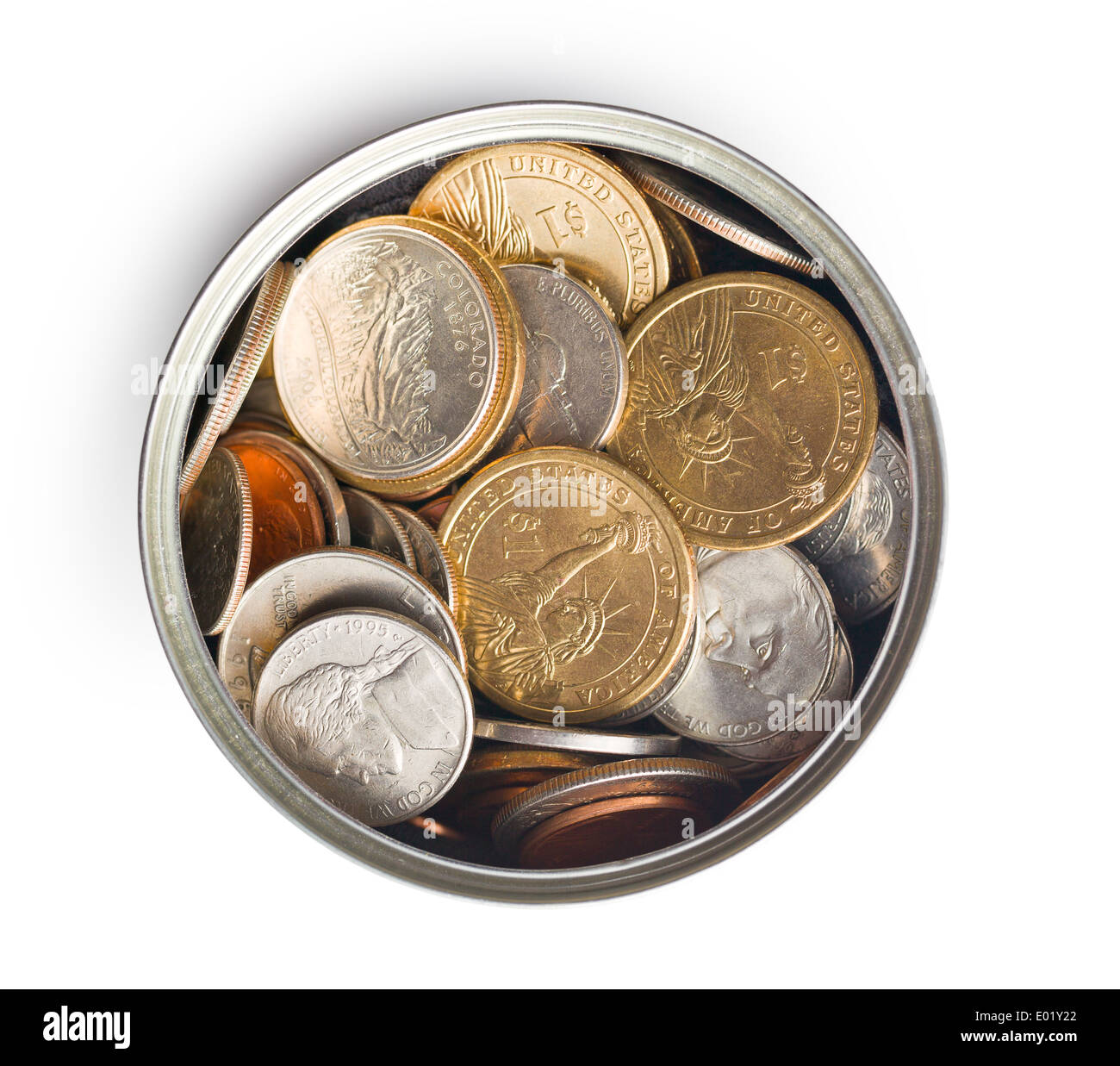 top view of american coins in tin can Stock Photo