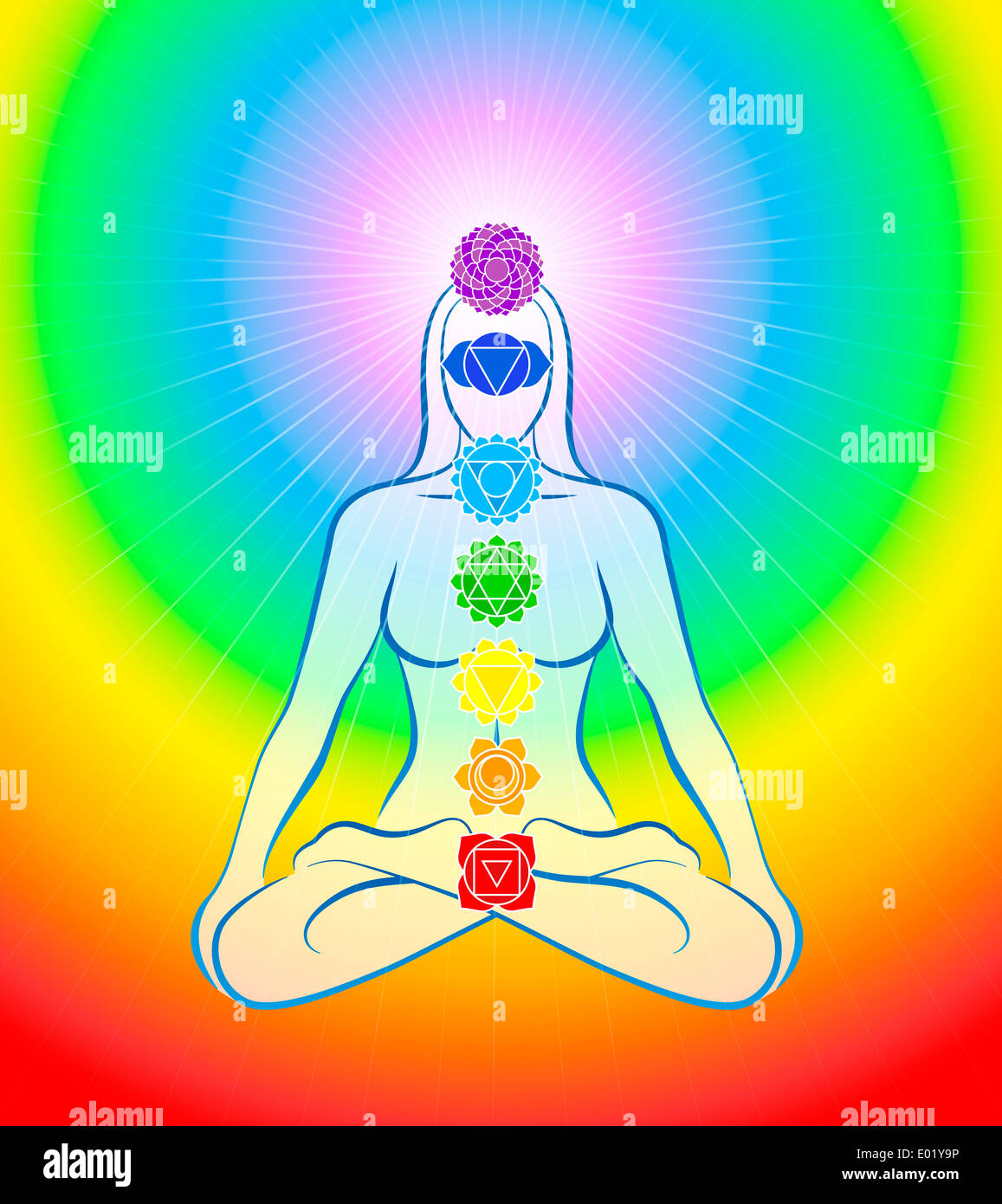 Meditating woman in yoga position with the seven main chakras - Rainbow ...
