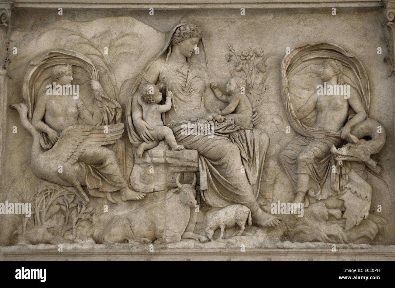 Roman Art. Italy. Ara Pacis Augustae. Tellus panel. Relief depicting Tellus nursing Romulus and Remus. Dated 13 BC. Stock Photo