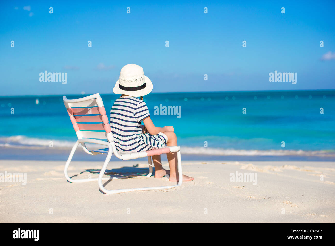 Little Cute Girl In Beach Chair Relax On Caribbean Vacation Stock