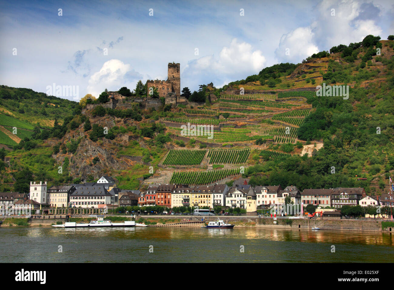 Gutenfels Castle, aka  Caub Castle, sits atop the town of Kaub, Germany Stock Photo