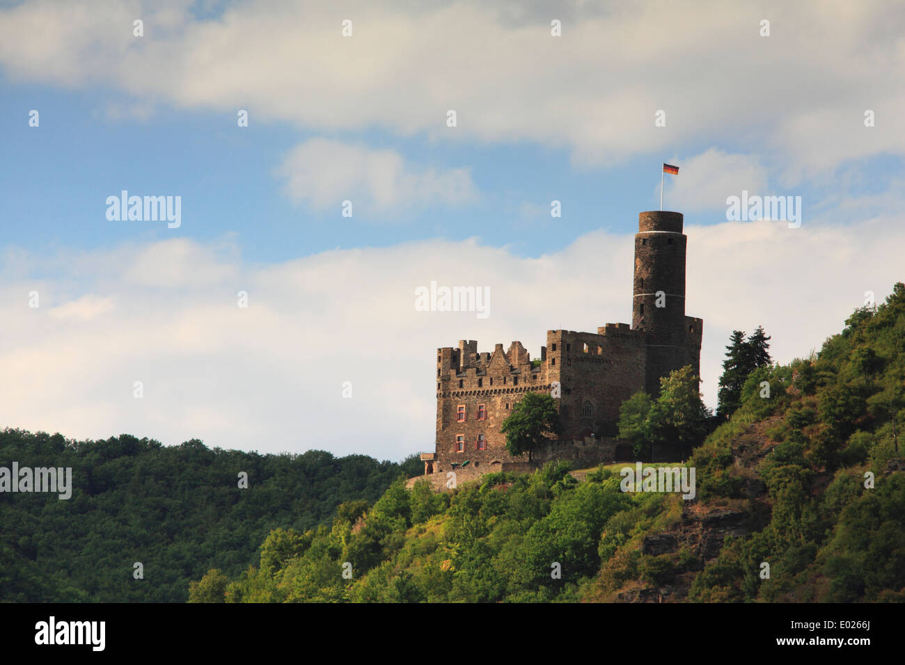 Photo of Maus Castle above Wellmich on the Upper Middle Rhine River, Germany Stock Photo