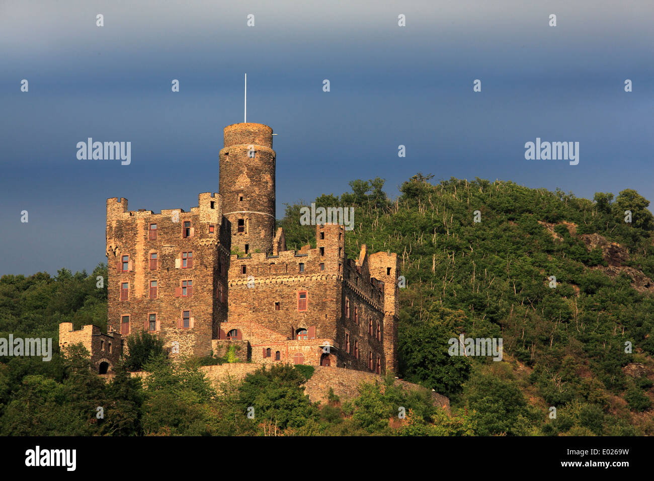 Photo of Maus Castle above Wellmich on the Upper Middle Rhine River, Germany Stock Photo