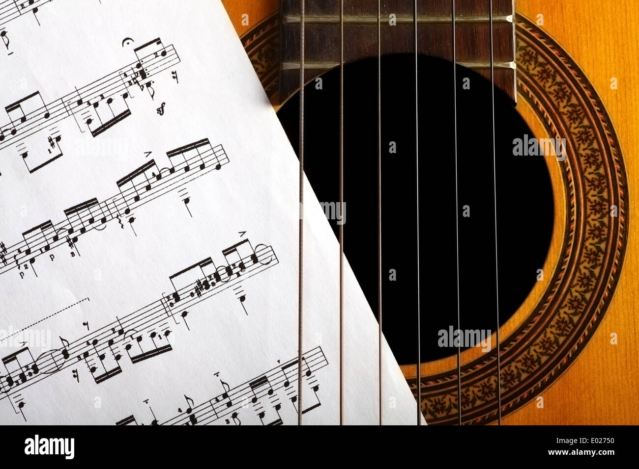 A classical guitar and a music sheet Stock Photo Alamy