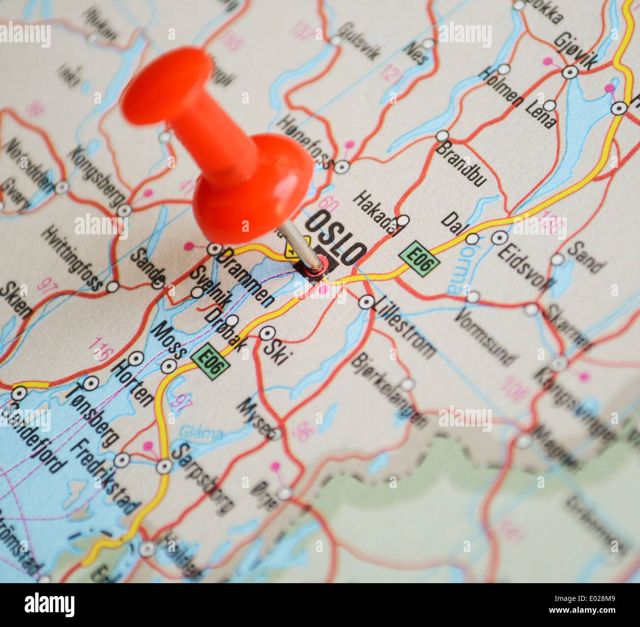 Close up of Oslo map with red pin Travel concept Stock Photo