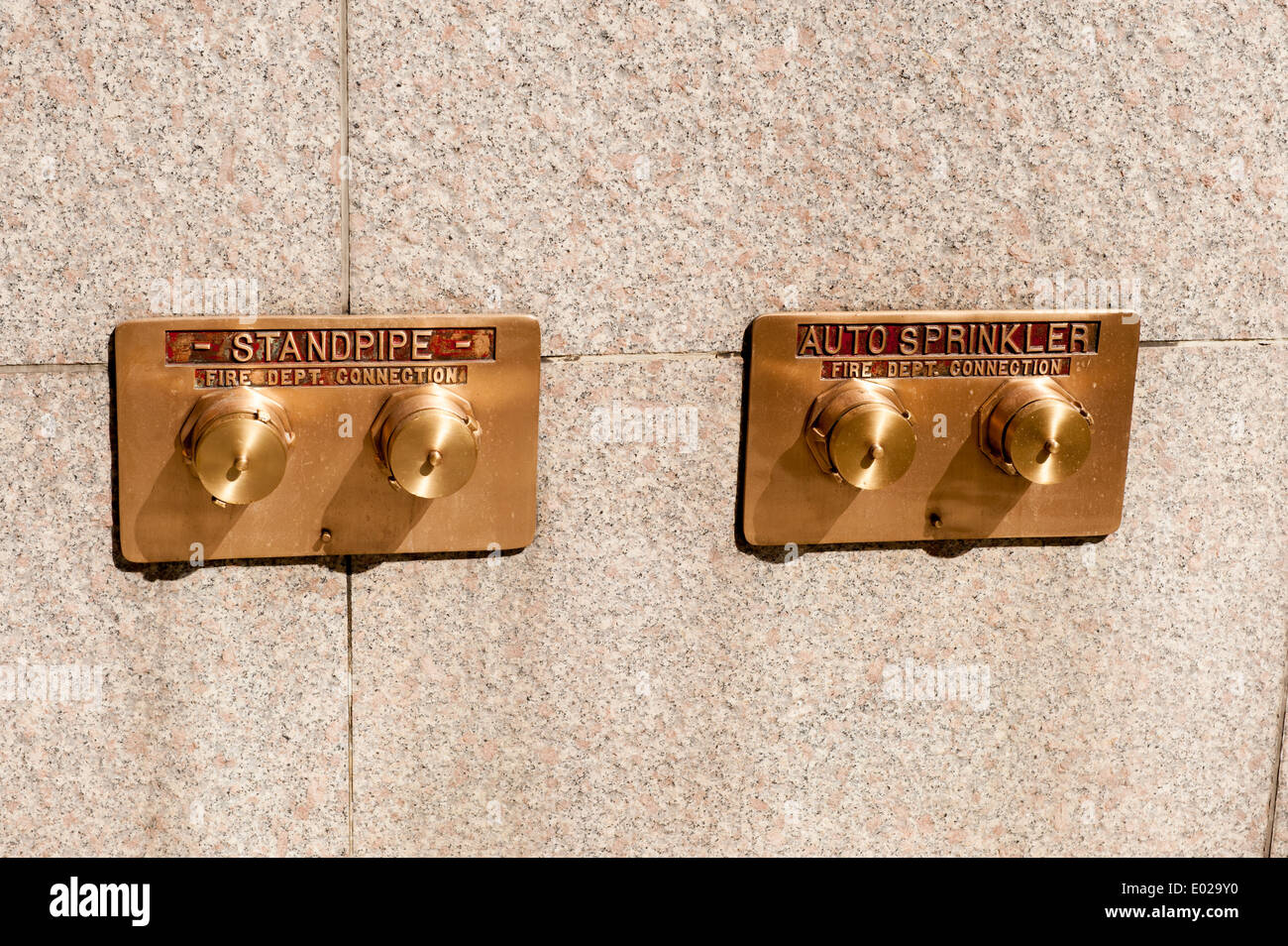 Brass standpipe and sprinkler inlets Stock Photo