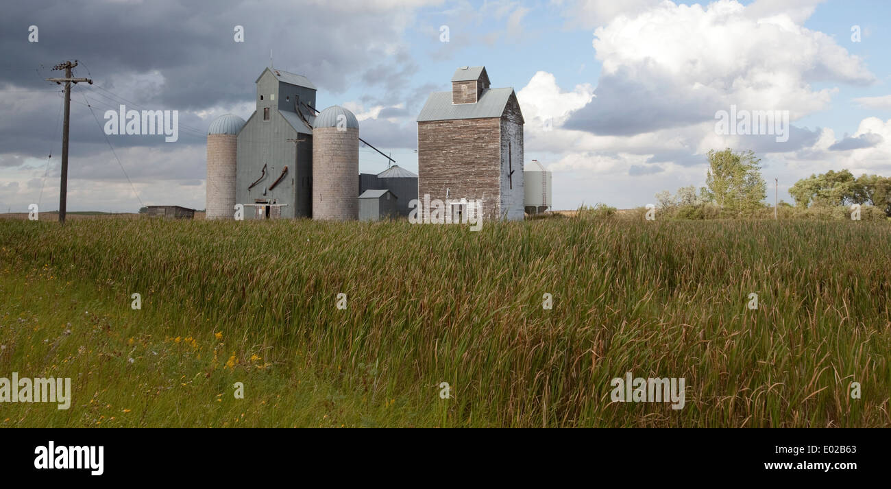 Panoramic view of prairie grain elevators in Wolford, North Dakota