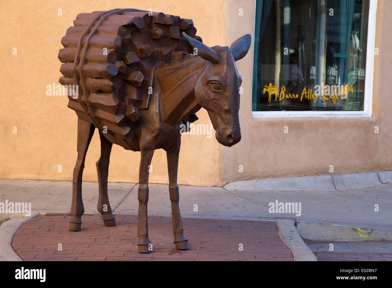 Burro Alley cafe and donkey sculpture in Santa Fe, New Mexico Stock