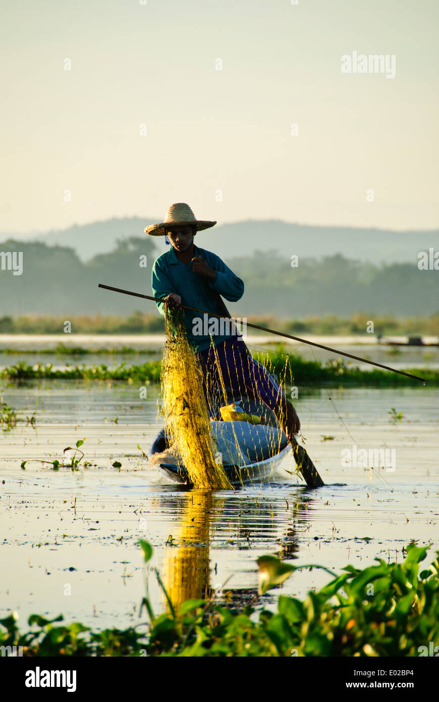 Typical fishing technique in Inle Lake Stock Photo
