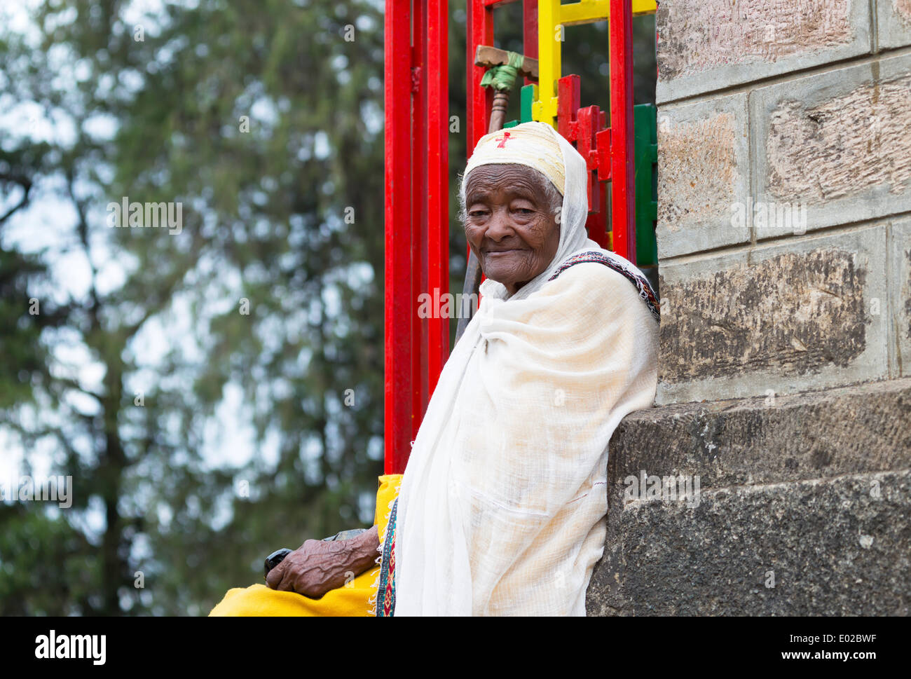 Older Women in front of Entoto Maryam Church in Addis Ababa, Ethiopia Stock Photo