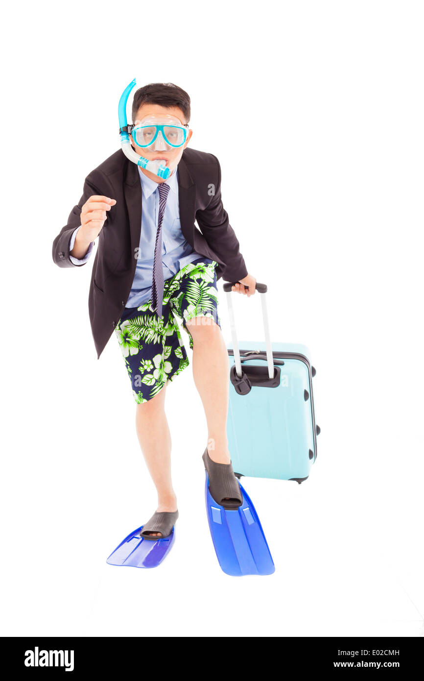 amusing businessman running pose and carrying baggage Stock Photo