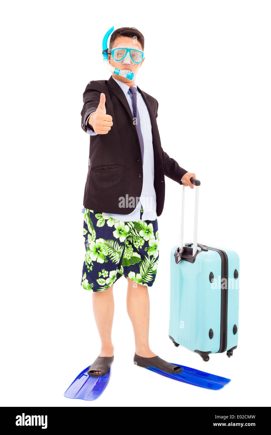 amusing businessman wore scuba gearing and thumb up Stock Photo