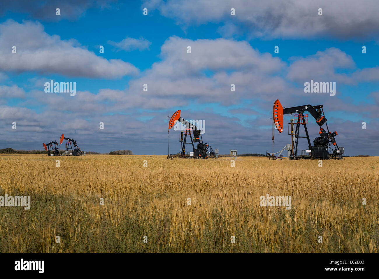 An oil production pump jack in the Bakken play oil field deposits near Stoughton, Saskatchewan, Canada. Stock Photo