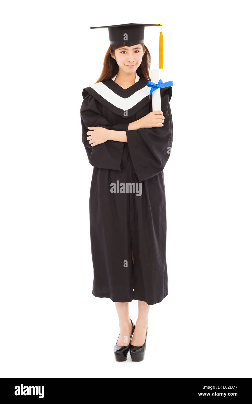 full length young woman college graduation isolated Stock Photo
