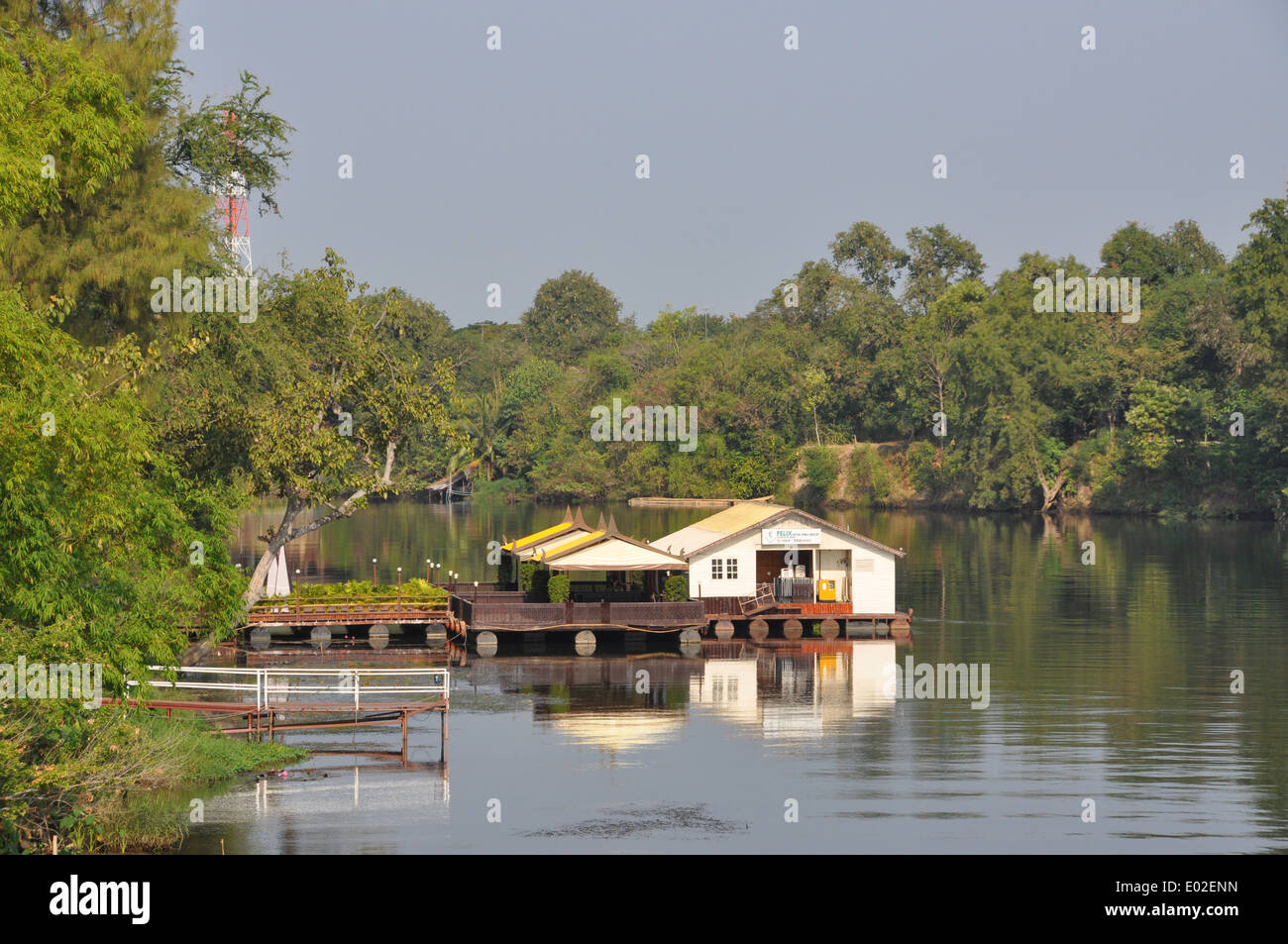 Restaurant over the Mae Klong River, Kanchanaburi, Thailand. Stock Photo