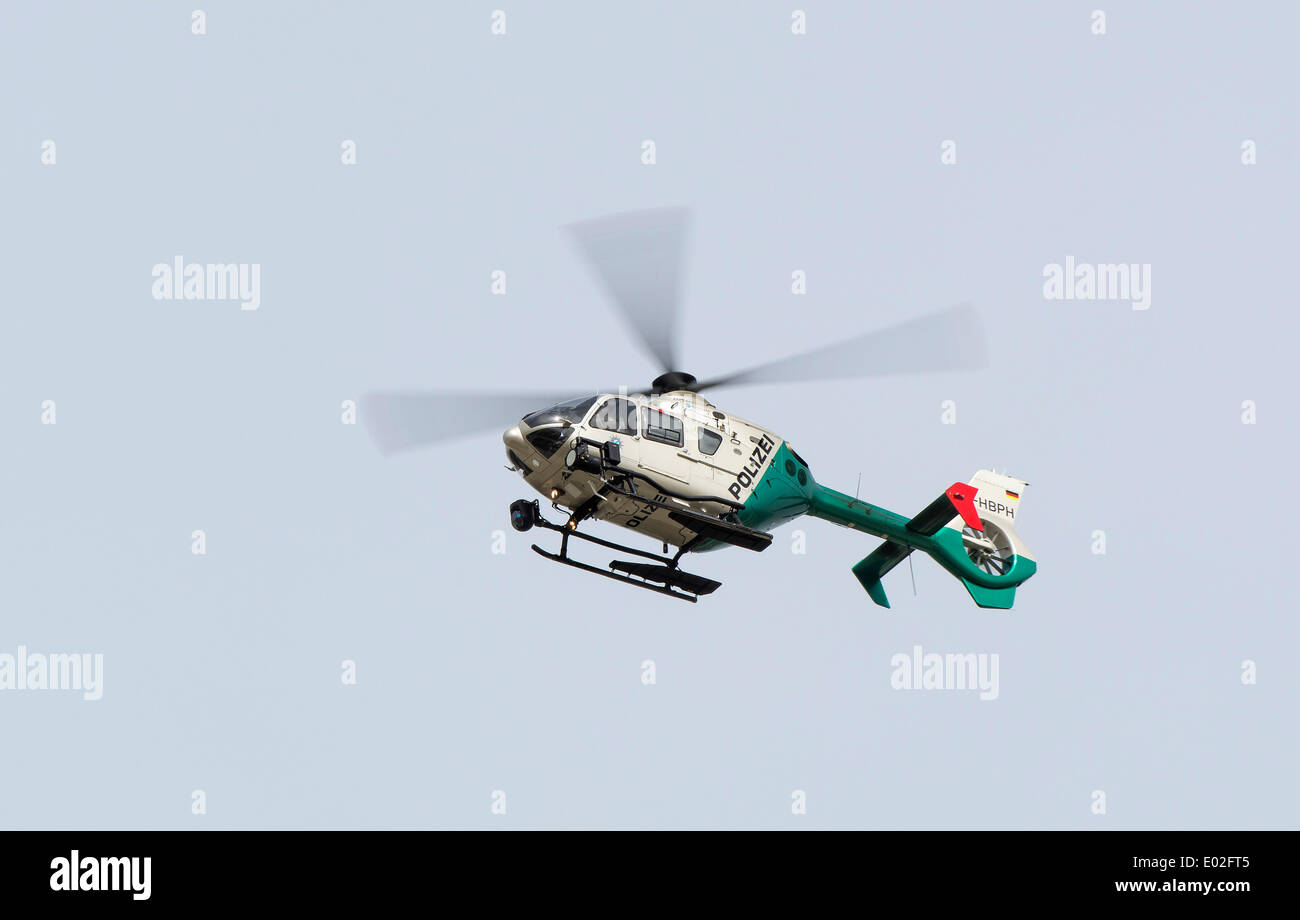 EC135 police Eurocopter in the air at Munich Airport, Munich, Upper Bavaria, Bavaria, Germany Stock Photo