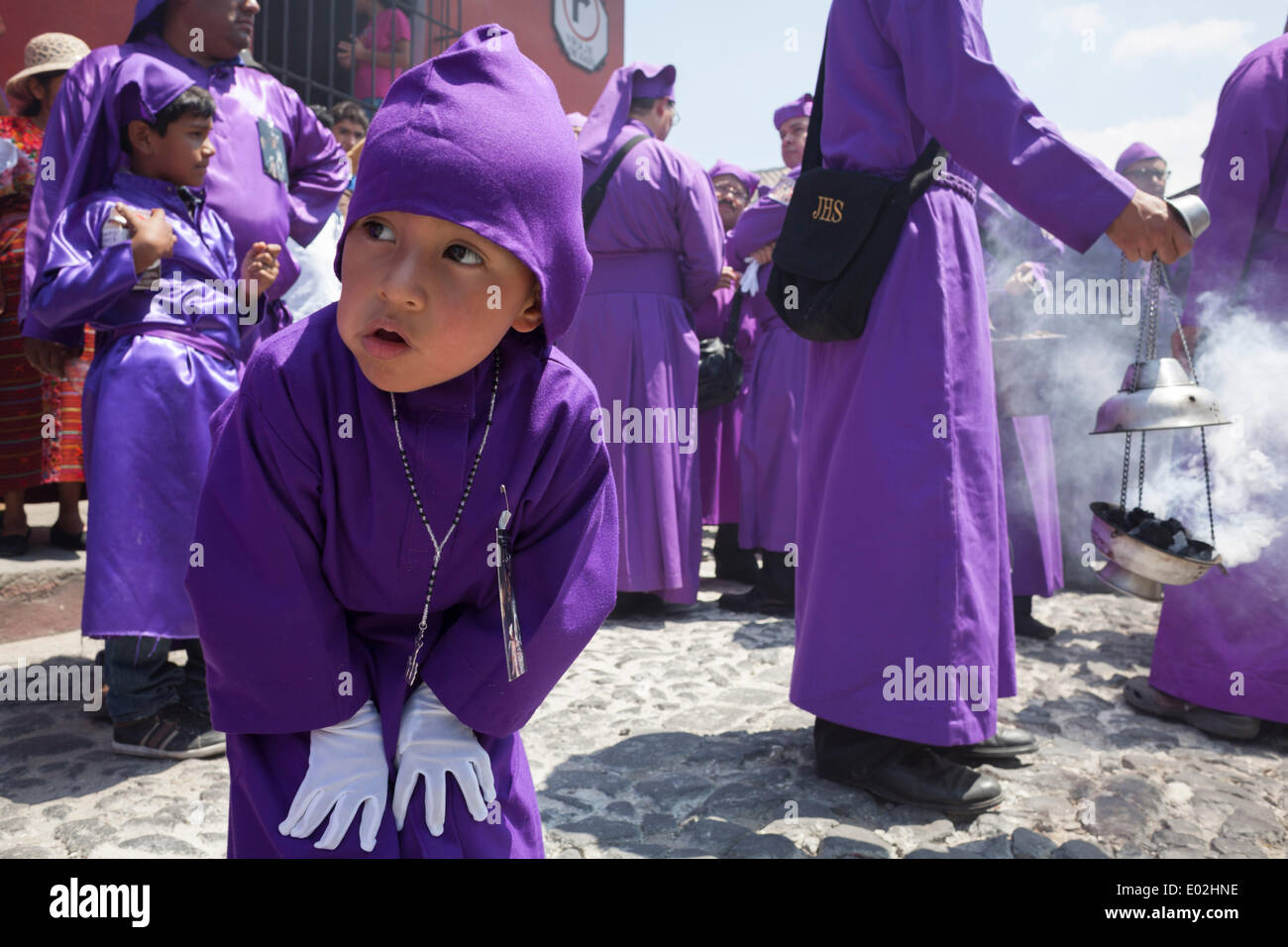 Antigua, Guatemala. 17th Mar, 2013. A young cucurucho (participant of the Holy week processions) stops for a moment. © Alena Kuzub/ZUMA Wire/ZUMAPRESS.com/Alamy Live News Stock Photo