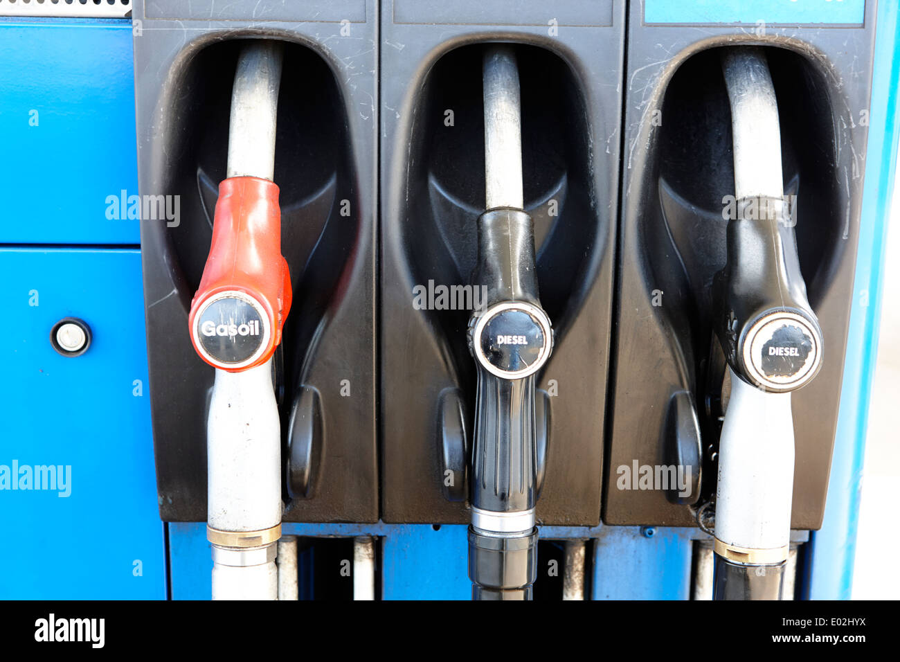 gas oil diesel and high speed biofuel diesel pumps at a petrol station northern ireland Stock Photo