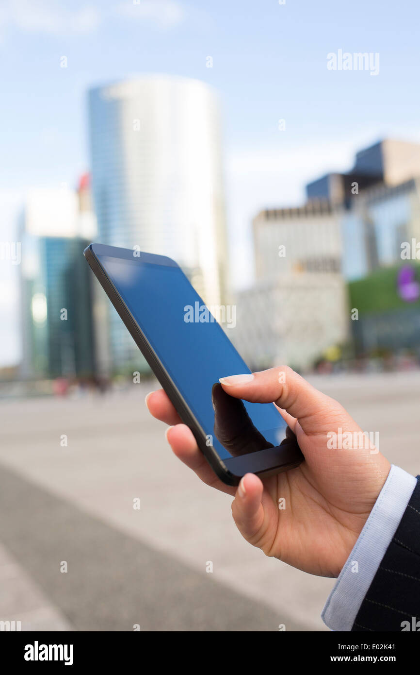 Female smartphone hand summer message sms e-mail Stock Photo