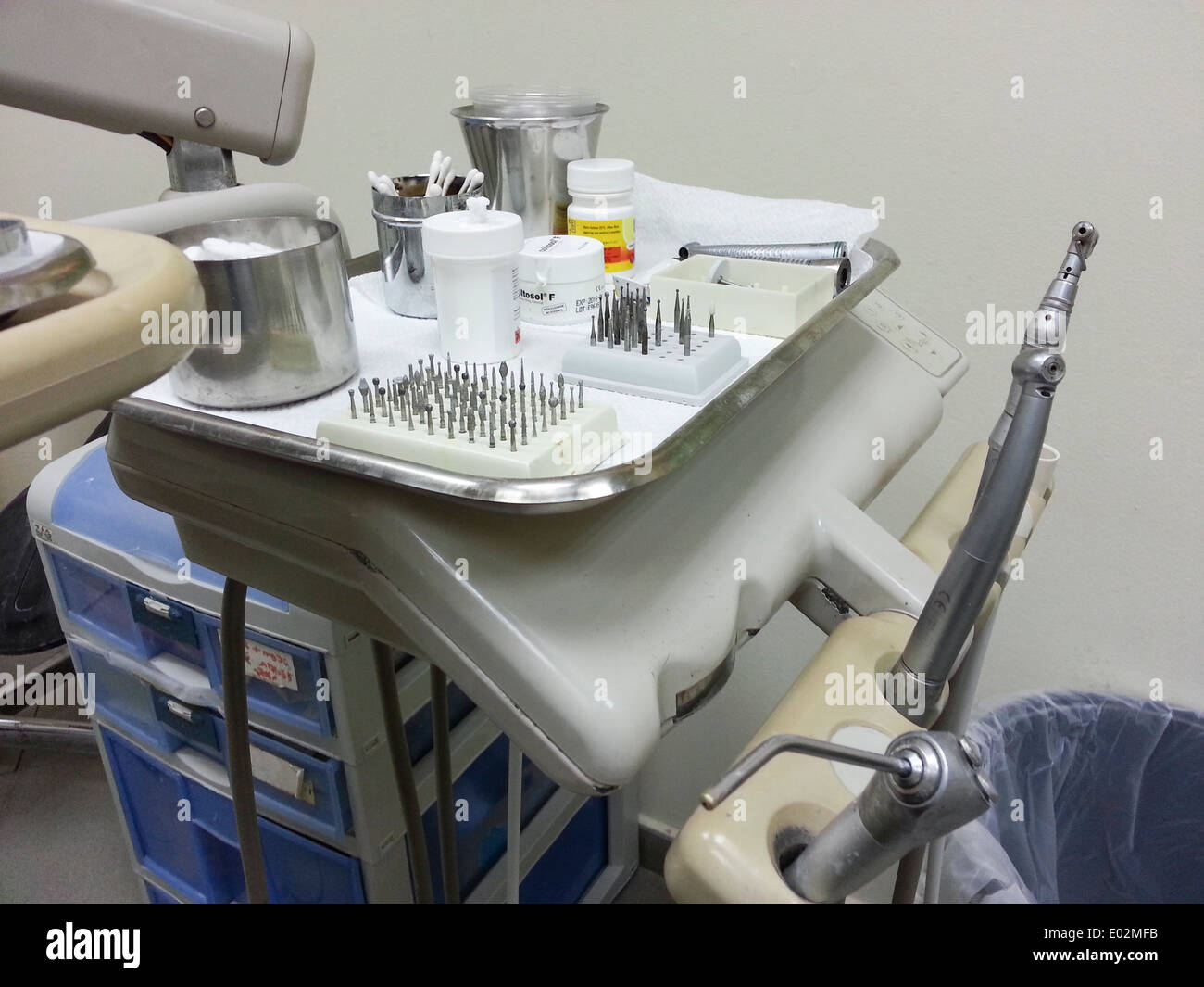 Drills and drill bits in a dental clinic as seen by the patient Stock