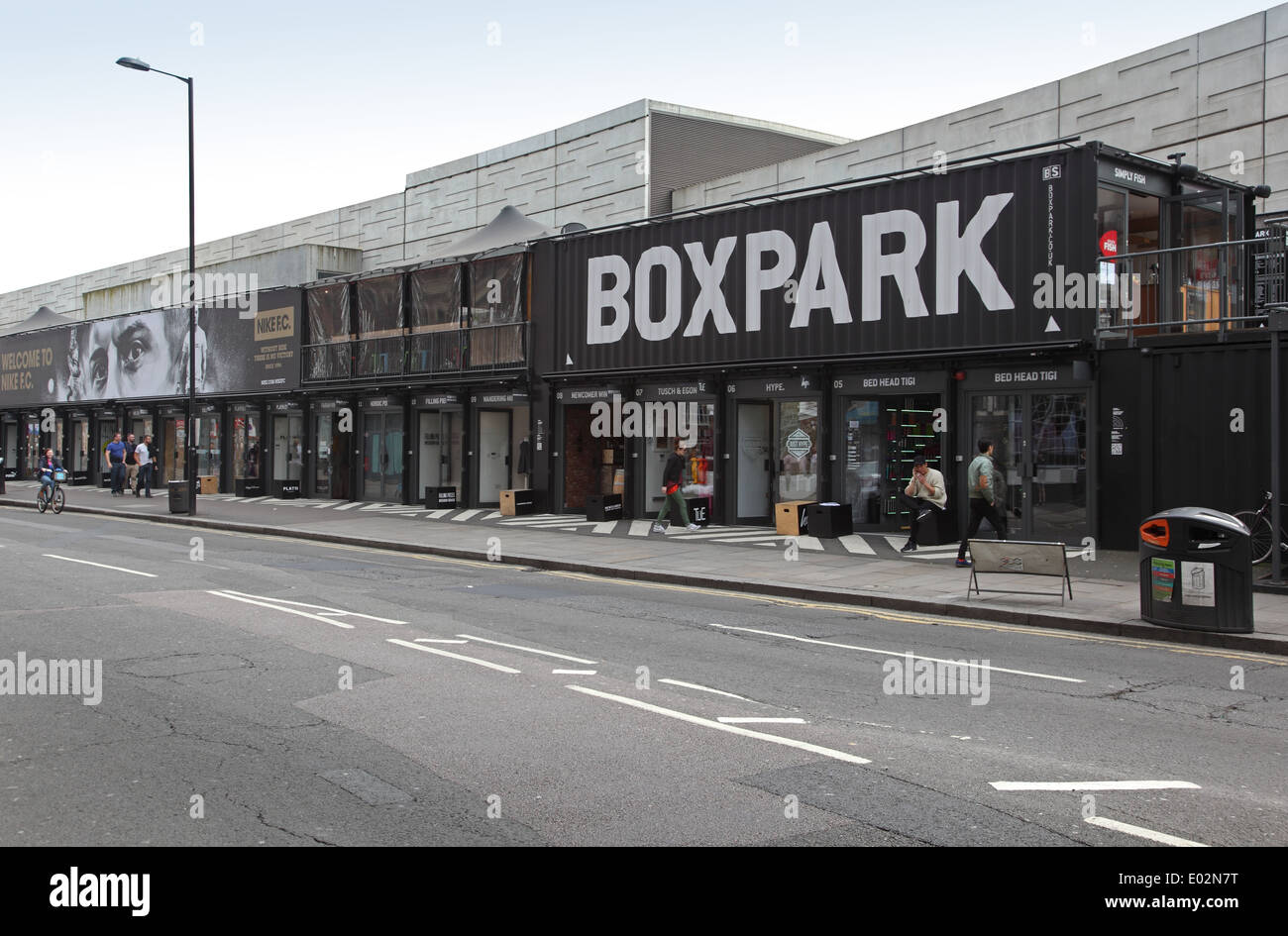 Boxpark. Pop-up shops and restaurants housed in shipping containers by Shoreditch High Street station in London Stock Photo