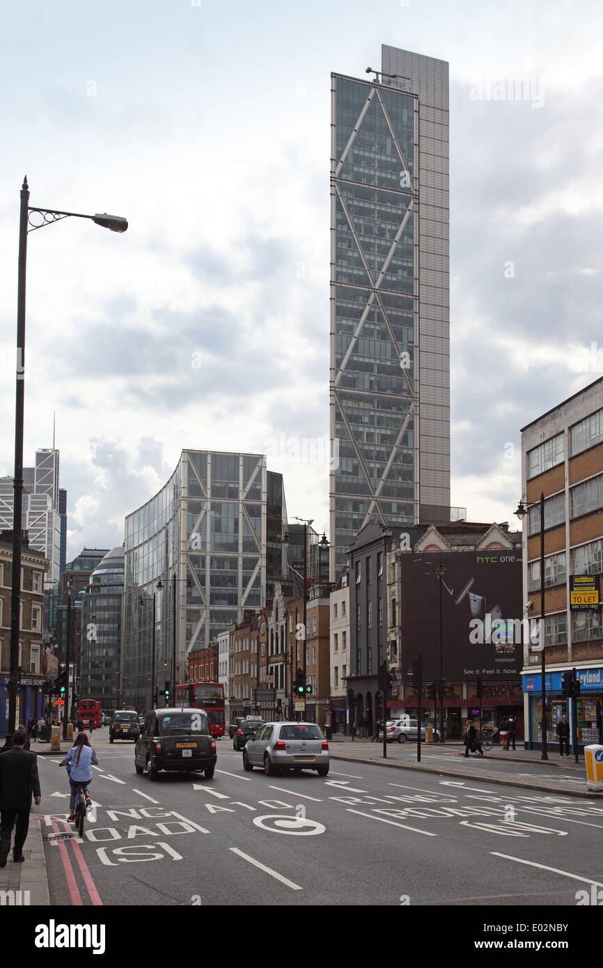 Shoreditch High Street, London, looking south towards the City with Broadgate Tower dominating the skylike Stock Photo