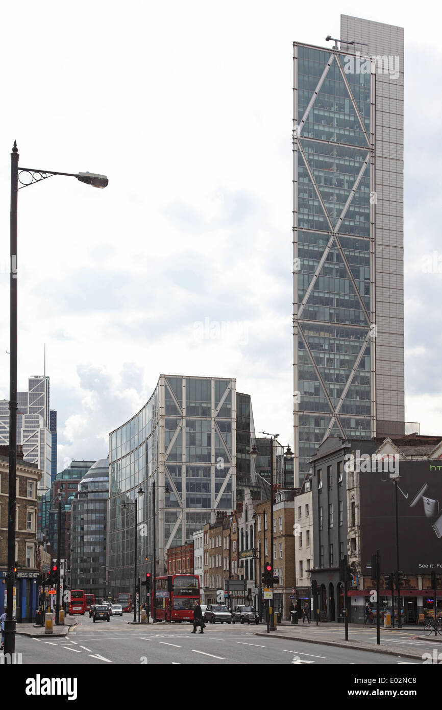 Shoreditch High Street, London, looking south towards the City with Broadgate Tower dominating the skylike Stock Photo