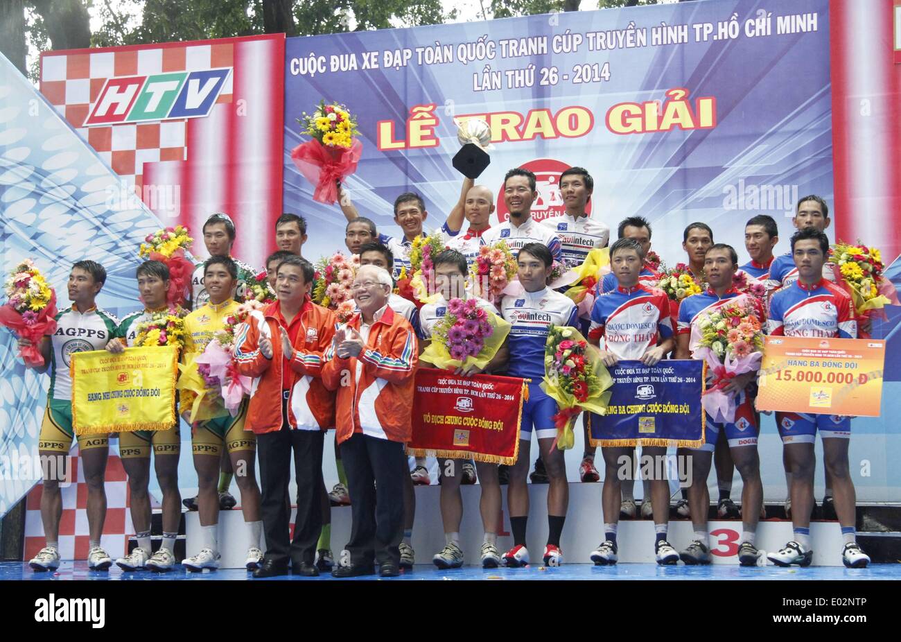 Ho Chi Minh City, Vietnam. 30th Apr, 2014. Suntek Sao Viet team celebrate  at the awarding ceremony after winning the team champion of the 26th Ho Chi  Minh city television cup cycling