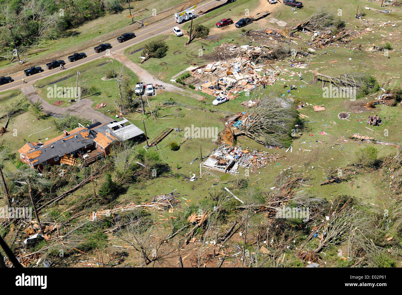 Aerial view of homes destroyed by tornadoes that swept across the southern states killing 35 people April 29, 2014 in Louisville, Mississippi. Stock Photo