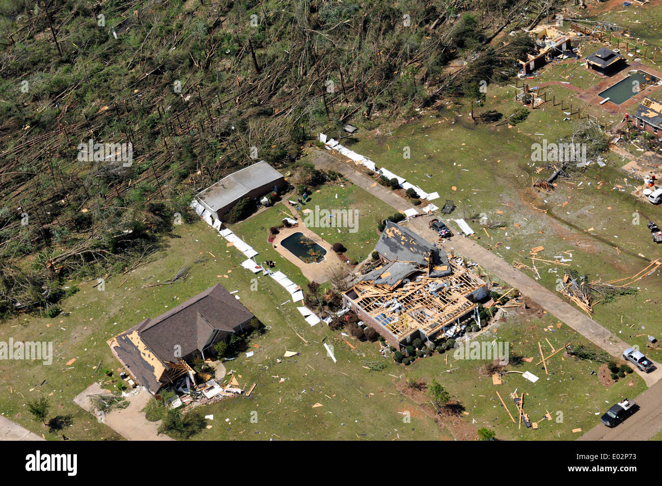 Aerial view of homes destroyed by tornadoes that swept across the