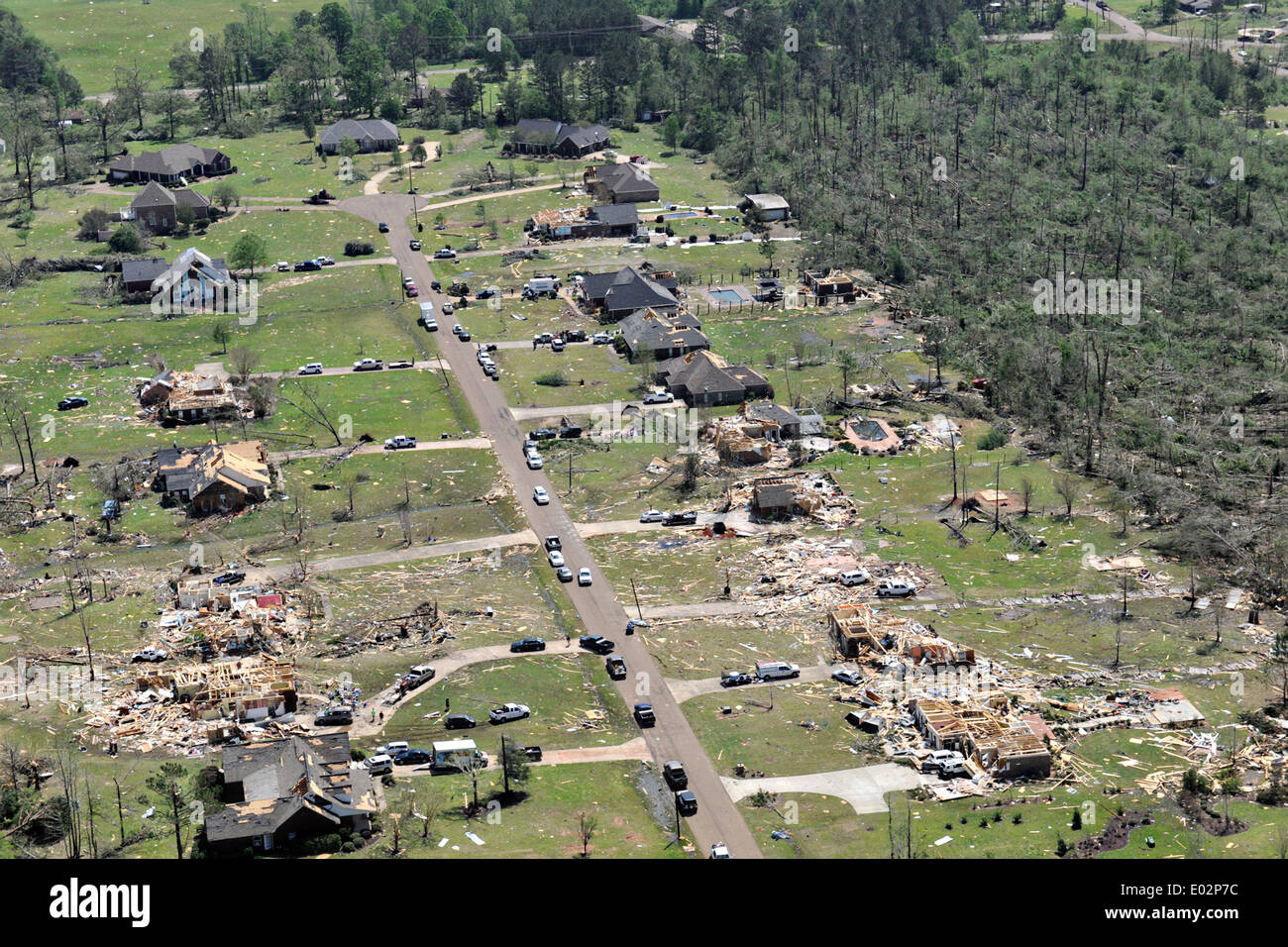 Aerial view of homes destroyed by tornadoes that swept across the southern states killing 35 people April 29, 2014 in Louisville, Mississippi. Stock Photo
