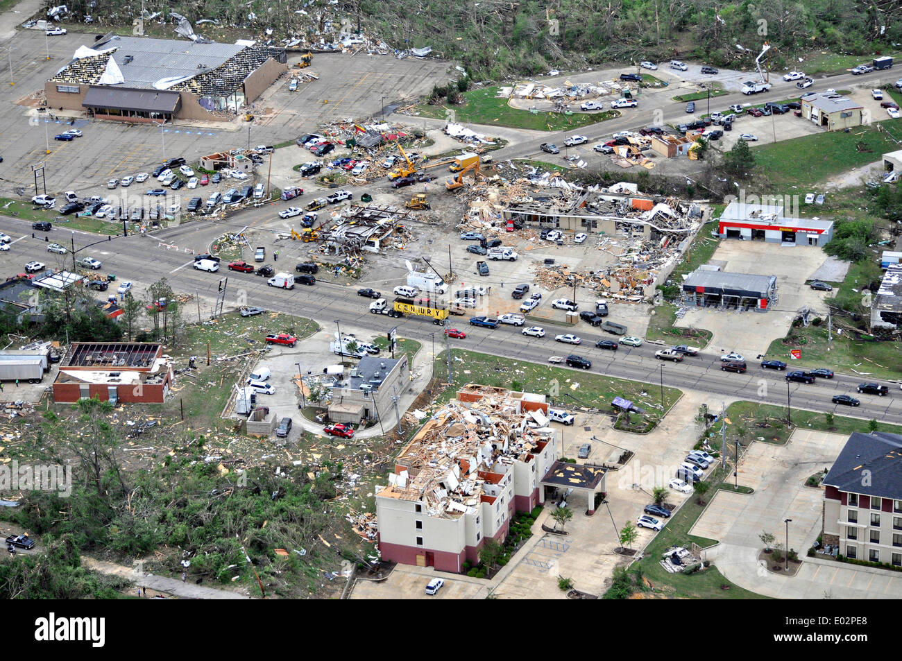 Aerial view of destruction to buildings by tornadoes that swept across the southern states killing 35 people April 28, 2014 in Tupelo, Mississippi. Stock Photo