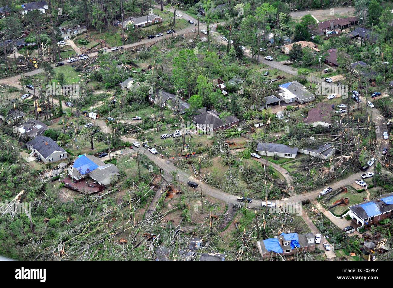 Aerial view of destruction to buildings by tornadoes that swept across the southern states killing 35 people April 28, 2014 in Tupelo, Mississippi. Stock Photo