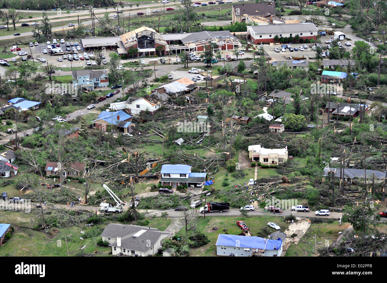 Aerial view of destruction to buildings by tornadoes that swept across the southern states killing 35 people April 28, 2014 in Tupelo, Mississippi. Stock Photo