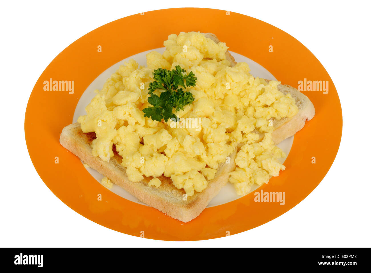 Scrambled egg isolated on white, from above, Stock image