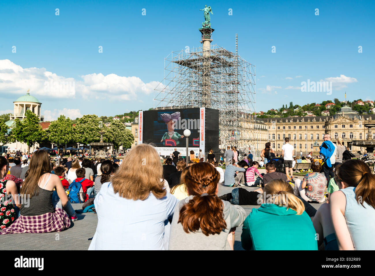 People enjoying open air cinema in the city center of Stuttgart (Germany) Stock Photo