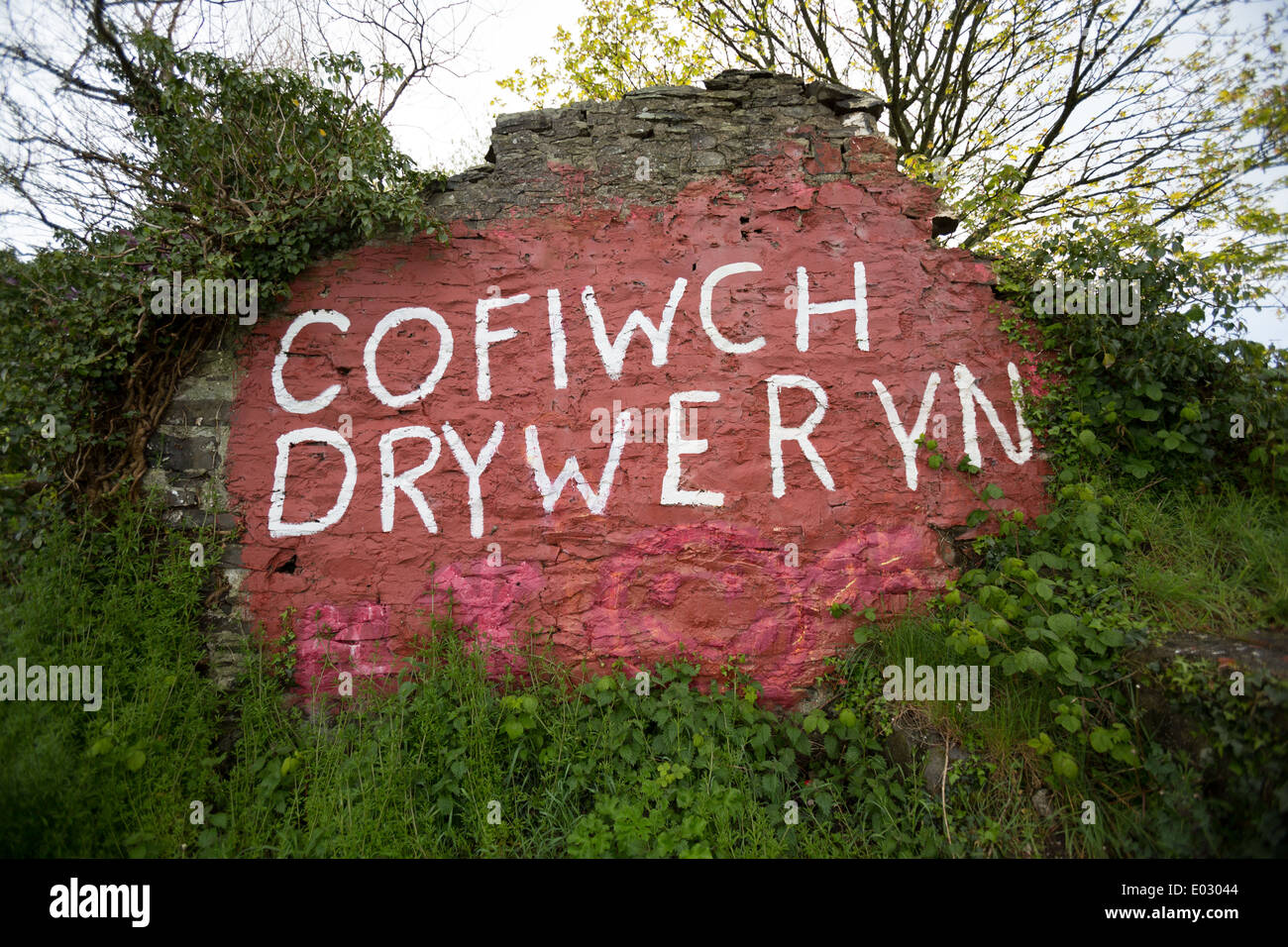 Iconic Welsh graffito 'Cofiwch Dryweryn' [Remember Tryweryn] on the gable of a cottage ruin near Aberystwyth. (27 April 2014) Stock Photo