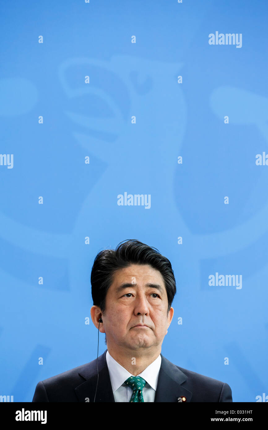 Berlin, Germany. April 30th, 2014. Shinzo Abe, Prime Minister of Japan, and German Chancellor Angela Merkel gives a joint press conference at Chancellery in Berlin. / Picture: Shinzo Abe, Prime Minister of Japan Stock Photo