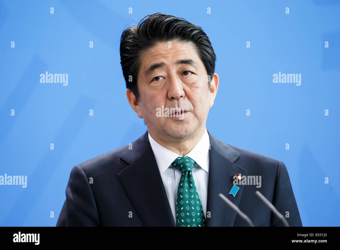 Berlin, Germany. April 30th, 2014. Shinzo Abe, Prime Minister of Japan, and German Chancellor Angela Merkel gives a joint press conference at Chancellery in Berlin. / Picture: Shinzo Abe, Prime Minister of Japan Stock Photo