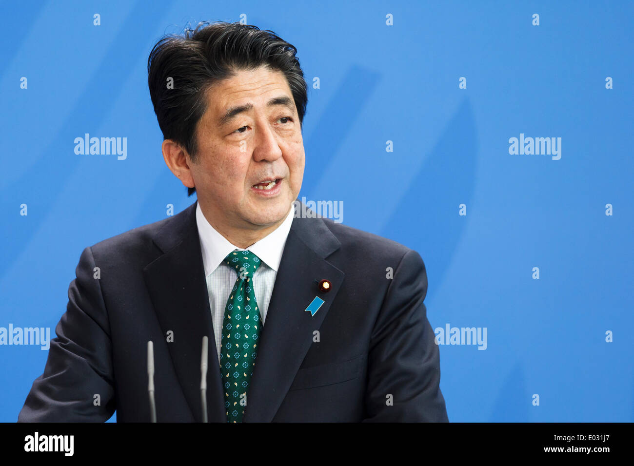 Berlin, Germany. April 30th, 2014. Shinzo Abe, Prime Minister of Japan, and German Chancellor Angela Merkel gives a joint press conference at Chancellery in Berlin. / Picture: Shinzo Abe, Prime Minister of Japan Stock Photo